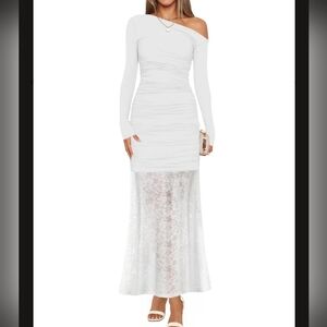 Off-Shoulder Bodycon Ruched Lace White Dress Large, Datenight, Cocktail